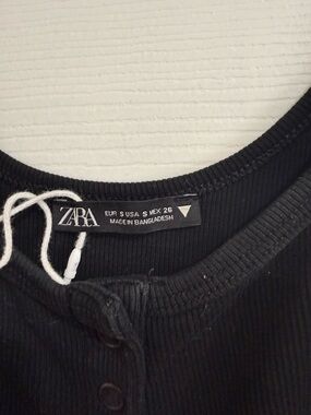 ZARA Black Ribbed Button-Front Top